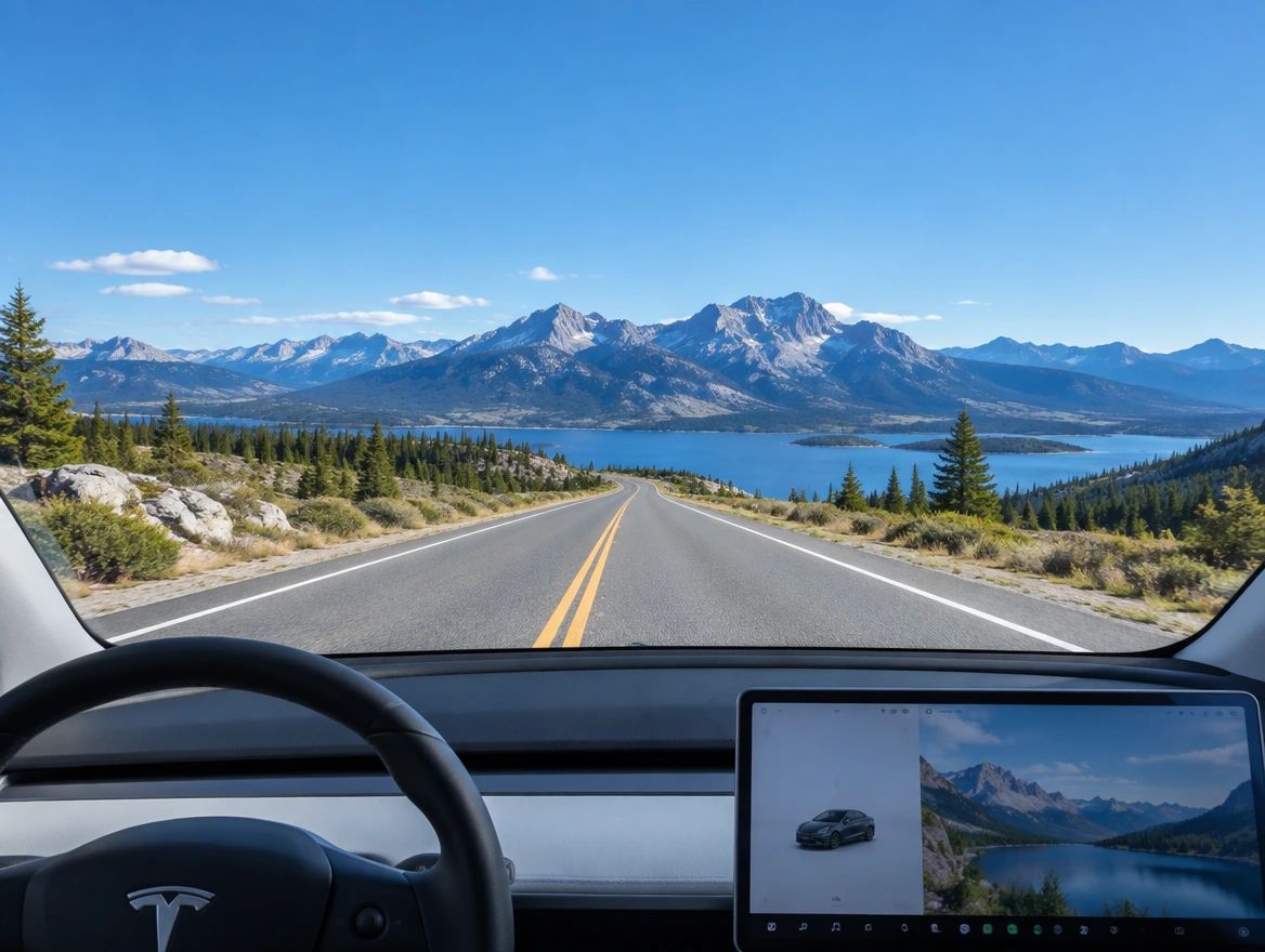 A crystal-clear windshield viewed from inside a Tesla, looking toward a sunlit mountain road