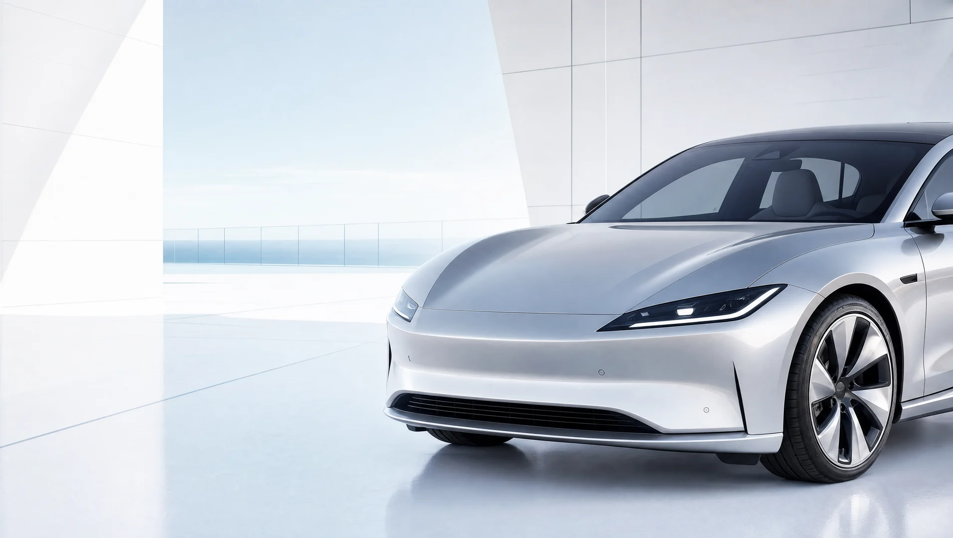 Clean glass and sculpted silver surfaces on an unbranded modern electric vehicle